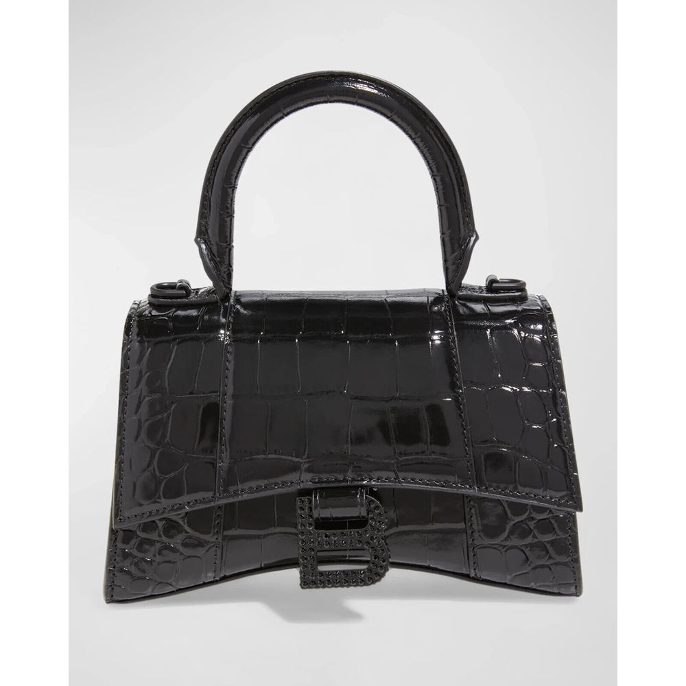 BALENCIAGA Hourglass Extra Small Top Handle Handbag Crocodile Embossed XS Black - Picture 7 of 15